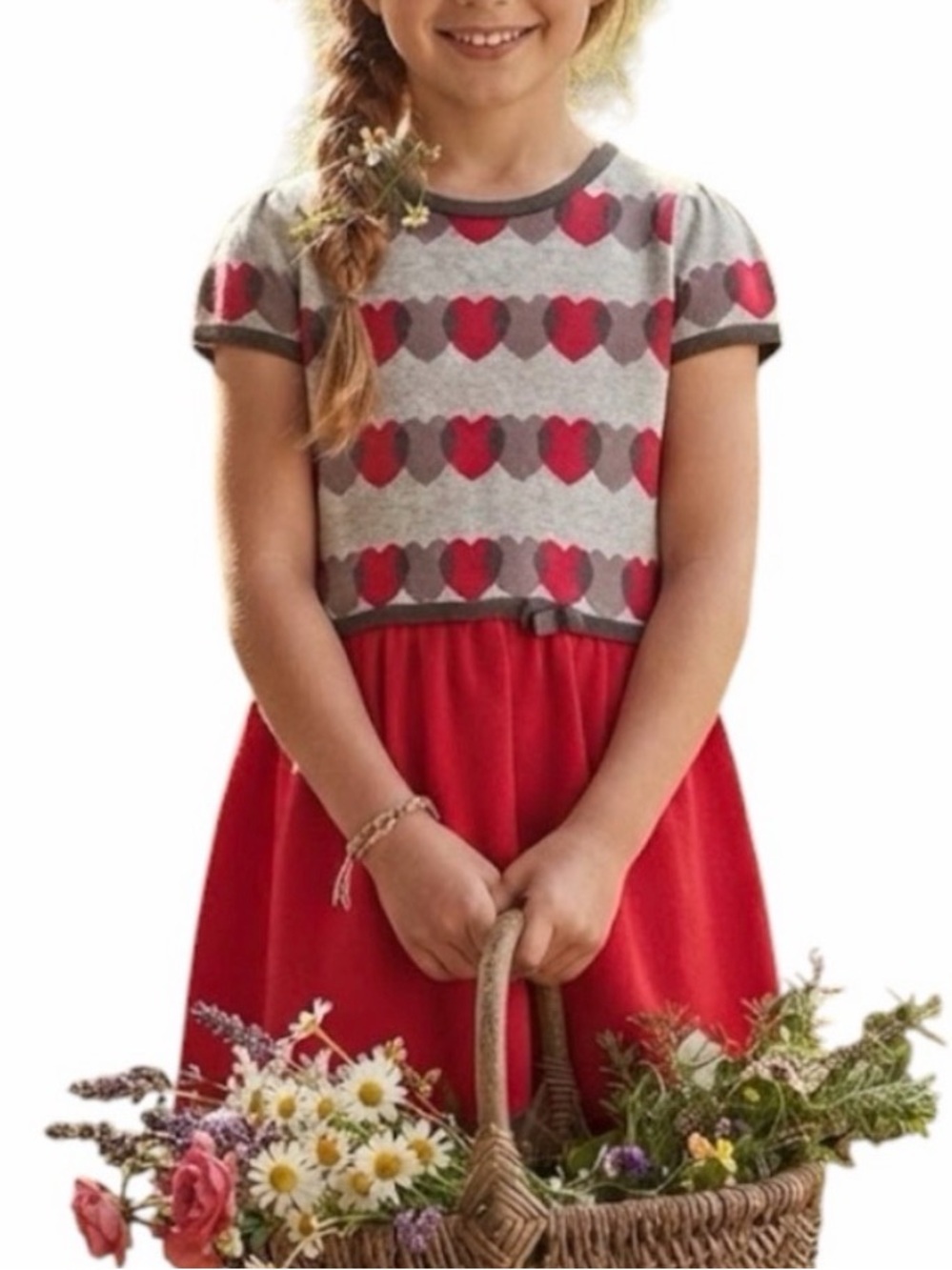 PEKKLE Girls 10Y Grey Red Heart Print Knit Fit Flare Dress Coquette